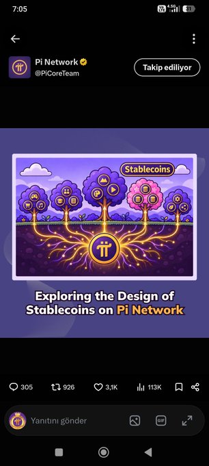 A tweet from Pi Network (@PiCoreTeam) featuring an illustration of tree-shaped stablecoins connected by golden roots to a central Pi Network emblem, titled "Exploring the Design of Stablecoins on Pi Network." The post, with 3.1K likes and 113K views, highlights the symbolic connection between the stablecoin tree imagery and Pi's underlying ecosystem, emphasizing the unified "common pool" concept referenced in the accompanying commentary.
