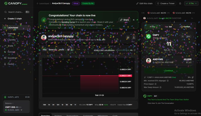A screenshot of the Canopy Launchpad platform showing the live launch of "andw3b3 Canopy" token with celebratory confetti and a trading chart.