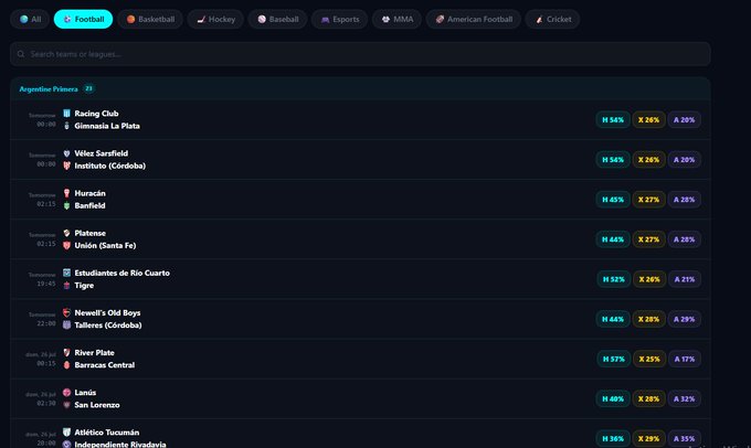 A sports betting interface showing 'Argentine Primeras' matches, including Racing Club vs. Gimnasia La Plata and Vélez Sársfield vs. Instituto (Córdoba). The screen displays odds and search filters for sports like Football, Basketball, and Baseball.