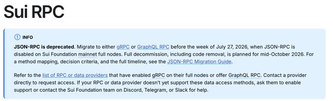Sui RPC information panel stating 'JSON-RPC is deprecated' and advising users to migrate to gRPC or GraphQL RPC before July 27, 2026.