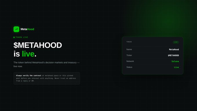 A dark webpage announcing that the '$METAHOOD is live,' identifying it as a token on the Solana network with a 'Live' status.