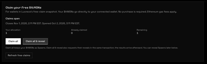 The image shows a "Claim your Free BitMONs" interface for Lucrece's free claim snapshot, where wallet holders can claim 1 BitMON allocation (with 0 already claimed and 1 remaining). The dashboard displays two action buttons: "Claim all" to claim as a Spawn, or "Claim all & reveal" to claim and reveal in one transaction, with the claiming window open from Nov 1, 2025 through Oct 2, 2026.