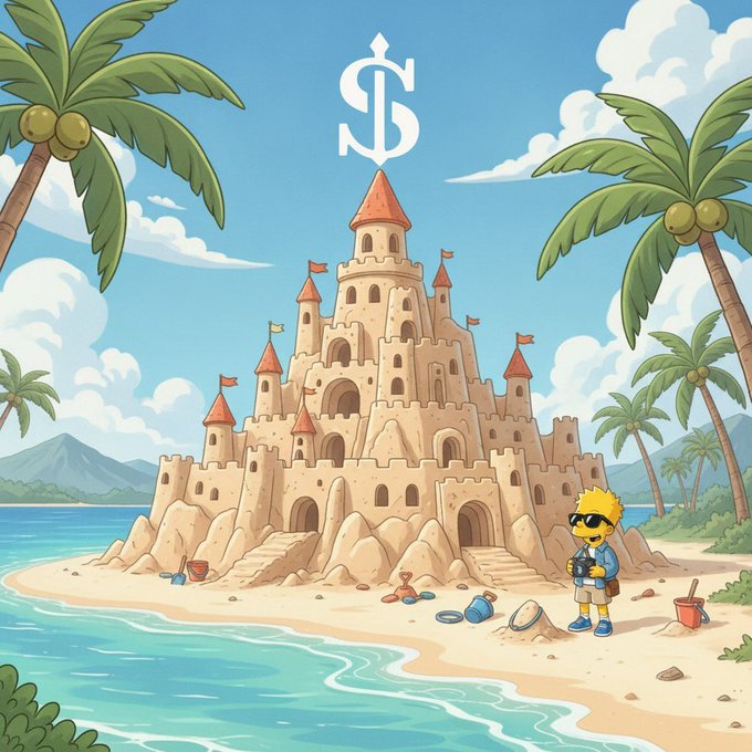An illustrated cartoon scene featuring a large sandcastle on a tropical beach with palm trees, and a character wearing sunglasses and a yellow hat holding a camera.