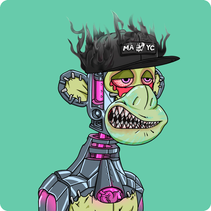 A cartoon illustration of a cyborg monkey character with green skin, sharp teeth, pink glowing eyes, wearing a black cap labeled 'MAYC' with flames coming off it, set against a teal background.