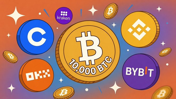 The image shows a large Bitcoin coin labeled "10,000 BTC" surrounded by logos of major crypto exchanges including Kraken, Binance, OKX, Coinbase, and Bybit, with smaller Bitcoin coins floating around. This visually represents the headline of 10,000 Bitcoin (worth $630 million) being deposited onto crypto exchanges in a 36-hour period.