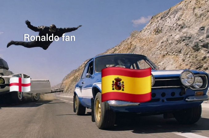 A meme image showing a person jumping between cars on a highway, with an England flag on one car, a Spain flag on another blue car, and the jumper labeled 'Ronaldo fan'.