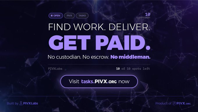 The image shows a purple banner with white text that reads "Find work, deliver. Get paid. No custodian. No escrow. No middleman. Visit tasks.PIVX.org now". The banner is located at the top of the screen and has a small logo in the bottom left corner. The main content of the image is the purple banner with white text that provides information about PIVX, an organization offering various tasks for individuals to complete.