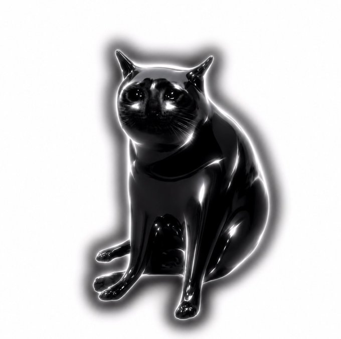 A glossy black cat figurine or sculpture with bright reflective eyes sits against a white background with a soft glow effect.
