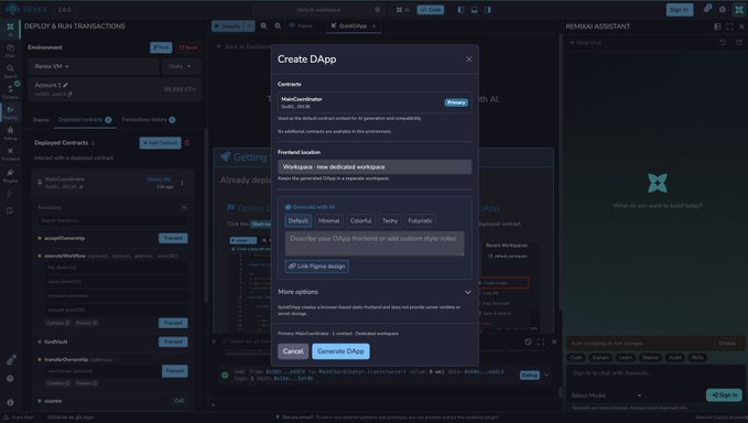A dark-themed web interface for 'REMIX' IDE displays a 'Create DApp' dialog box with options for 'MainContributor' contract deployment and workspace settings on the Ethereum Sepolia network.