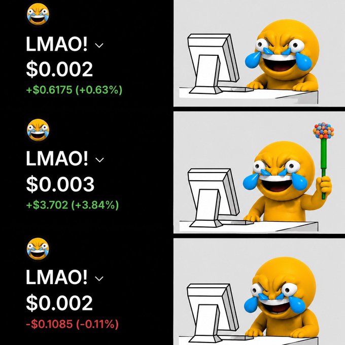 A three-panel image featuring a laughing-crying emoji at a computer, paired with stock listings for "LMAO!" ticker showing prices of $0.002 (+$0.6175), $0.003 (+$3.702), and $0.002 (-$0.1085), with the emoji depicted crying at a desk, holding a flower-shaped hammer, and laughing again.