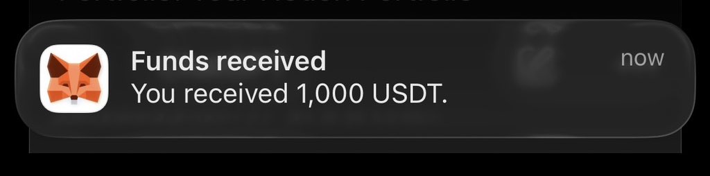 A MetaMask notification displays "Funds received - You received 1,000 USDT," symbolizing the financial rewards of committing to learning web3 skills independently rather than waiting for others to provide guidance.
