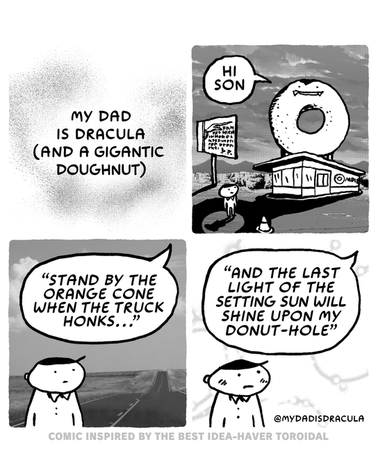 A four-panel comic captioned 'MY DAD IS DRACULA (AND A GIGANTIC DOUGHNUT)' by @mydadisdracula, showing a small boy meeting his giant doughnut father who gives advice about standing by an orange cone.