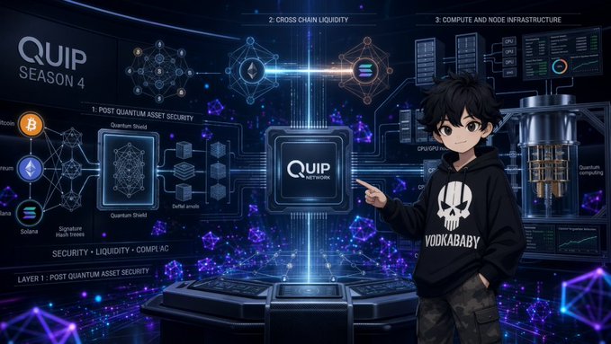 An anime-style boy wearing a black hoodie with a skull graphic and 'VODKABABY' text stands before a futuristic tech display showing the 'QuIP NETWORK Season 4' logo and sections labeled 'Post Quantum Asset Security,' 'Cross Chain Liquidity,' and 'Compute and Node Infrastructure.'