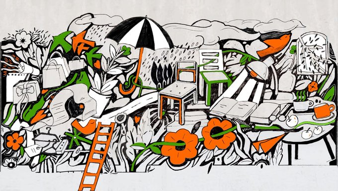 An illustrated scene in black, white, orange, and green depicts a chaotic garden filled with flowers, a ladder, furniture, an umbrella, and various objects.
