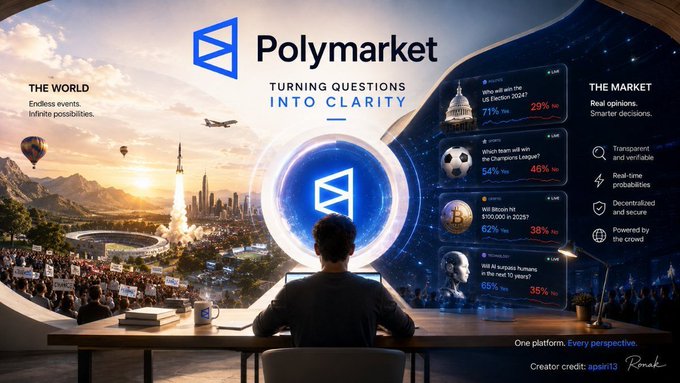A wide Polymarket promotional scene showing the logo and slogans “Turning Questions Into Clarity” and “The world: endless events, infinite possibilities.” A person works at a desk beneath a glowing platform, surrounded by prediction-market cards and a futuristic cityscape.