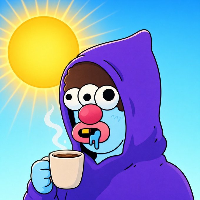 A cartoon character wearing a purple hooded robe with three eyes, drooling while holding a steaming mug under a bright yellow sun.