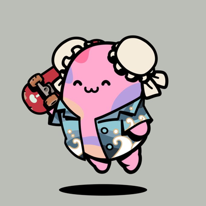 A cute cartoon character with a pink and purple round body, wearing a blue wave-patterned kimono, holding a skateboard and carrying a white bundle on its back.