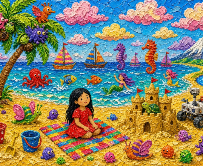 A whimsical, highly textured impasto painting depicting a girl in a red dress sitting on a colorful mat on a beach filled with cartoon-like sea creatures, mermaids, sandcastles, and a lunar rover.