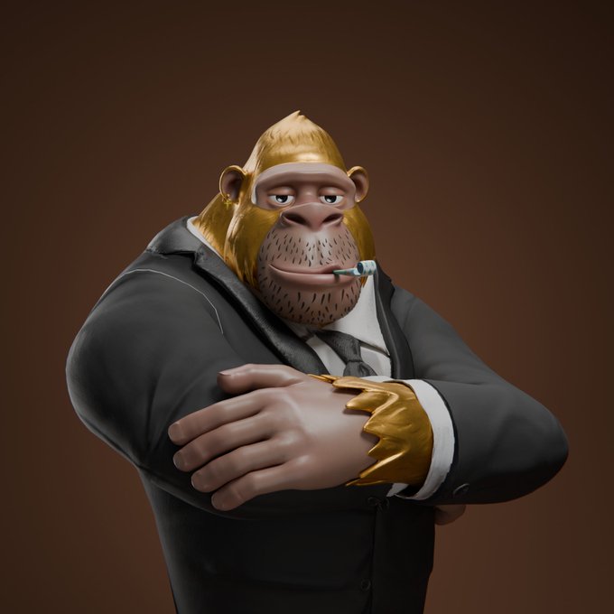 A 3D-rendered character depicts a monkey wearing a formal black suit jacket, white shirt, and tie, with golden hair and beard textures, standing with crossed arms while smoking a cigarette.