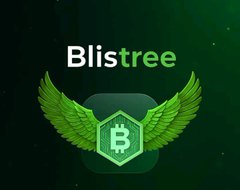 A logo/branding image for 'Blistree' featuring green winged bitcoin icon on a dark green background.