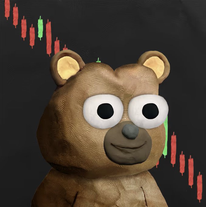 A brown teddy bear with large googly eyes set against a background of red descending candlestick chart patterns indicating a bear market.