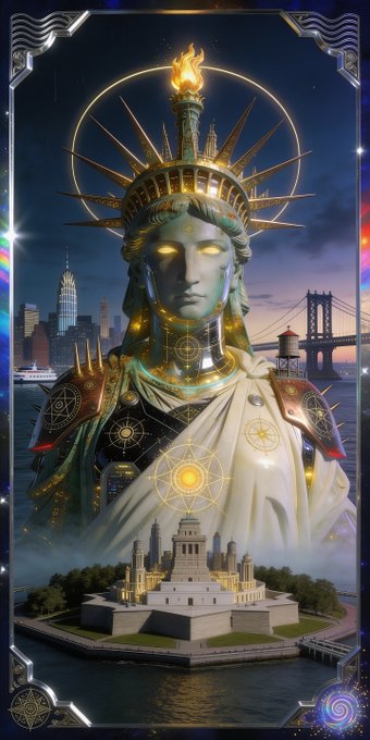 An artistic illustration depicting a regal Statue of Liberty figure with golden halo and crown, set against a backdrop featuring the New York City skyline and Brooklyn Bridge, with a building resembling Ellis Island at the base, framed by a decorative cosmic border.