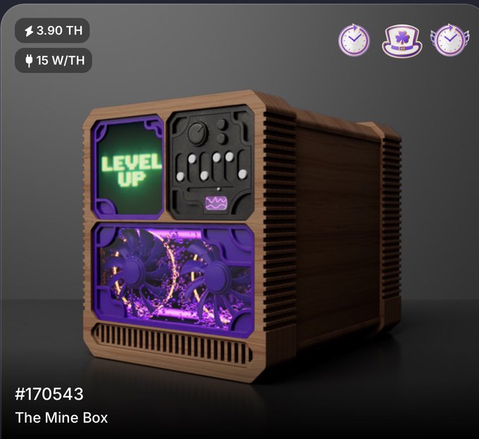 A 3D render of a wooden 'Mine Box' cryptocurrency mining rig (#170543) displaying 3.90 TH hash rate at 15 W/TH, featuring a glowing 'LEVEL UP' screen and purple illuminated cooling fans.