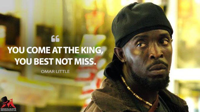 A promotional quote graphic featuring Omar Little from "The Wire" with the text "You come at the king, you best not miss" attributed to Omar Little, branded with "MagicalQuote." The image is paired with a post about crypto trader @loraclexyz taking profit on massive short positions, using Omar's iconic warning to caution others that challenging the "king" requires precision—mirroring the high-stakes nature of the trader's $20M short positions in $PONS and $CASHCAT.