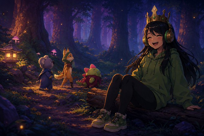 The image features a girl sitting on a log with her arms crossed, wearing headphones while smiling at the camera. In front of her are two stuffed animals - one dressed as a fox and another as a dragon. The background depicts a forest scene with trees and mushrooms, creating an immersive and whimsical atmosphere. The post suggests that the girl is using fees to buy back her tokens for a new game release, which could be related to the cartoon character she's holding in her arms or the forest setting depicted in the image.