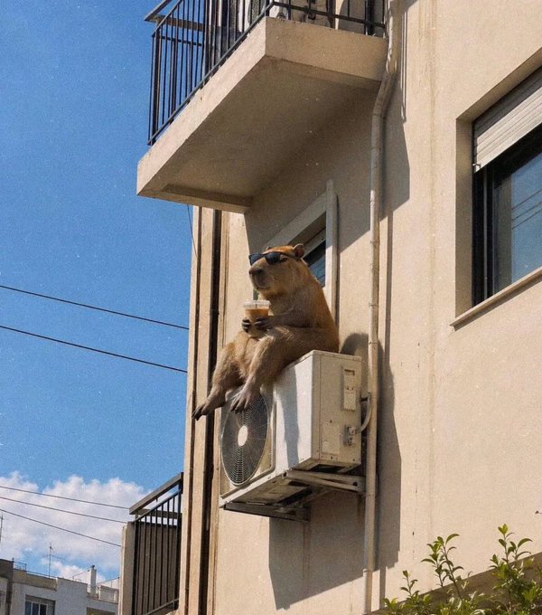 A humorous image of a bear wearing sunglasses perched on an outdoor air conditioning unit of a building, casually holding an iced coffee drink against a blue sky.