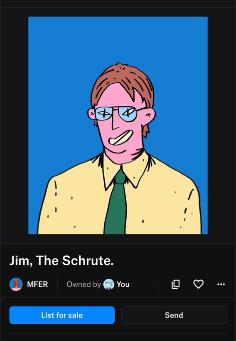 A digital NFT card titled 'Jim, The Schrute.' showing a cartoon man with brown hair, glasses, a yellow shirt, and green tie against a blue background, with options to 'List for sale' or 'Send'.