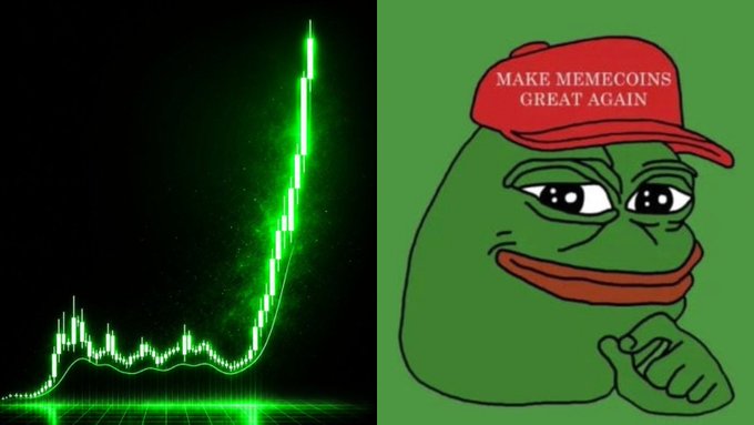 A split image shows a green neon candlestick chart depicting a sharp price surge on the left, paired with the classic "Make Memecoins Great Again" Pepe the Frog meme wearing a red cap on the right—visually reinforcing the post's news that whales accumulated over 4.13 trillion $PEPE coins this week.