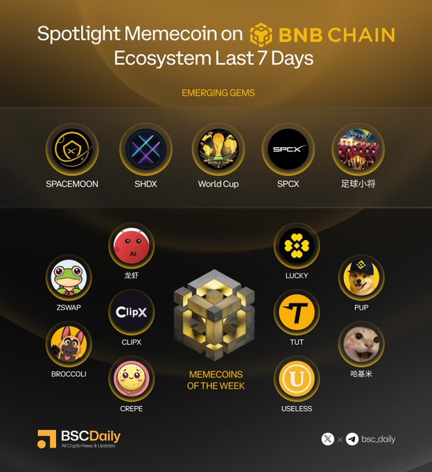 The image features a poster with a dark background against which there are various logos of coins, including Pokémon coins from the Nintendo series. At the top of the image, there's text announcing the launch of a new coin called Memecoin on BNBC Chain, and the post also mentions that emerging gems have been discovered at the end of seven days. The coin has a design with a yellow cube and a red "M" inside it. There are various logos and icons associated with these coins in the image, showcasing their different characteristics or features.