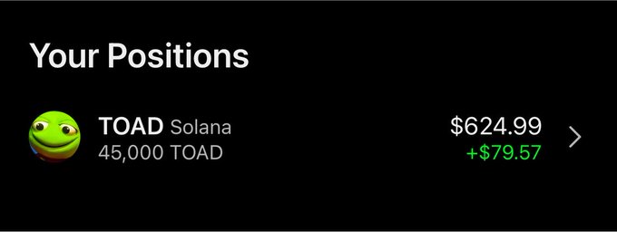 The image shows a "Your Positions" portfolio display featuring a 45,000 TOAD token holding on Solana valued at $624.99, with a gain of +$79.57 highlighted in green, alongside a cartoon toad avatar. This visually reinforces the post's claim of receiving a substantial $TOAD airdrop and serves as proof of the holdings the user is offering to share.