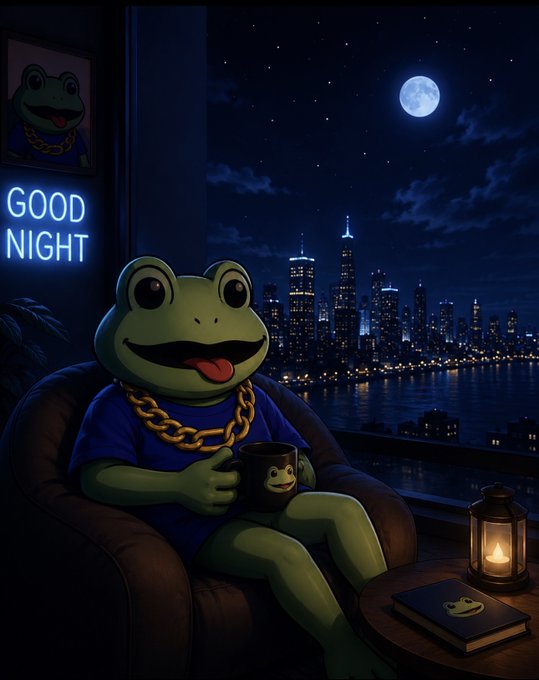 Cartoon illustration of a Pepe the Frog character wearing a gold chain and blue shirt, sitting in an armchair holding a mug, with a 'GOOD NIGHT' neon sign, a city skyline, and full moon visible through the window.