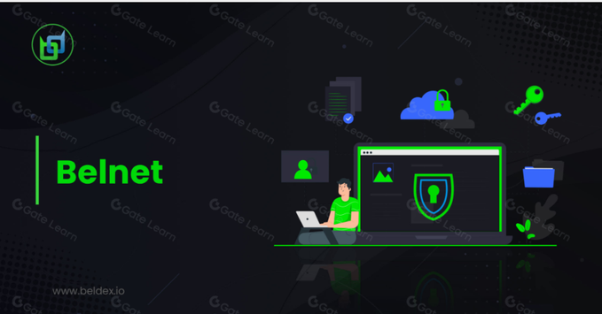 A promotional banner for "Belnet" (www.beldex.io) featuring a green and black theme with security-themed icons including a padlock, keys, cloud, and a figure working on a laptop.