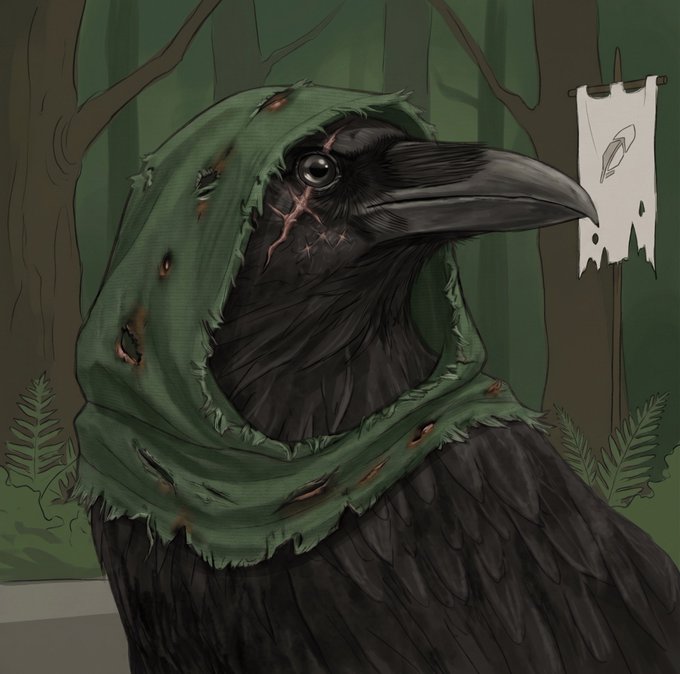 A digital illustration depicts a black raven or crow wearing a tattered, hole-filled green hood, set against a forest backdrop with a small banner featuring a feather symbol hanging in the background.