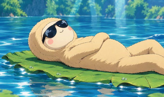 An anime-style sloth character wearing sunglasses lounges on a large green leaf floating in sparkling blue water.