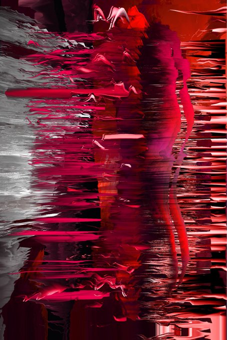 An abstract digital artwork featuring distorted, glitch-like textures in shades of red, pink, and black.