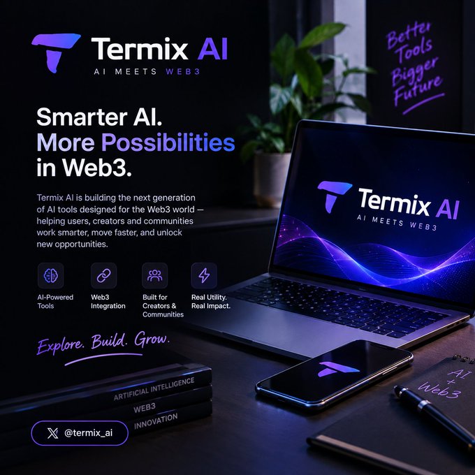 A promotional graphic for 'Termix AI' with the tagline 'AI MEETS WEB3' and 'Smarter AI. More Possibilities in Web3.' displayed on a laptop and smartphone mockup.