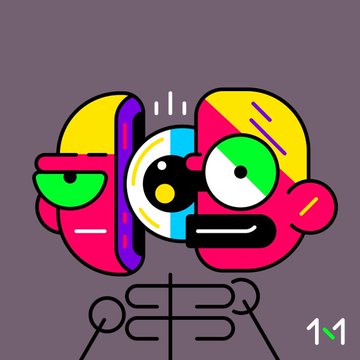 A colorful, abstract digital illustration shows two stylized head-like figures with large green and black eyes, set against a gray background with the number "11" in the corner. The vibrant, playful PFP-style art aligns with the post's promotion of digital profile picture art from the Just PFP Art collection by Mark Rise on SentX.
