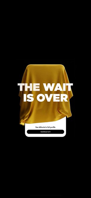 A dark promotional teaser image displays a gold-draped object with the bold white text "THE WAIT IS OVER" and a button reading "See Millwaller's full profile / Continue to X," referencing the mysterious 0x244b112cf746e62a5df723cbde9906a6defd7777 account that the user is unable to access or view.
