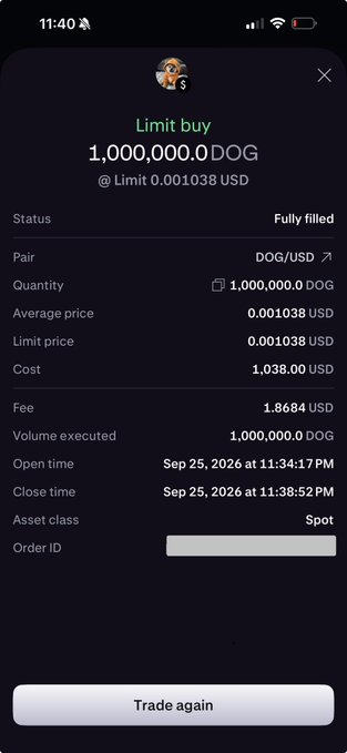 A crypto trading app displays a fully filled limit buy order for 1,000,000.0 DOG at 0.001038 USD, totaling 1,038.00 USD, executed on Sep 25, 2026.