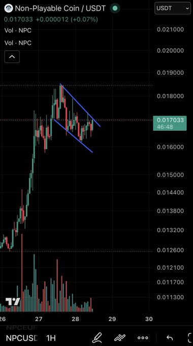 A 1-hour TradingView chart of NPC/USDT shows the token trading at 0.017033 (+0.07%) after a sharp rally from the 0.012000 area, now consolidating within a descending channel pattern near 0.017033 — supporting the bullish "Higher soon" outlook on $NPC as price holds above recent lows.