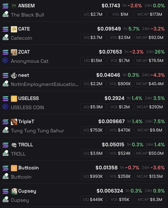 A cryptocurrency price tracker on Solana shows various meme tokens including ANSEM, CATE, ZCAT, neet, USELESS, TripleT, TROLL, Buttcoin, and Cupsey with their respective prices and market caps.