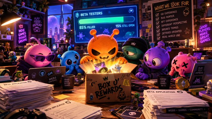 A colorful, cartoon-style illustration showing various alien-like creatures gathered around a glowing 'BOX OF REWARDS' on a desk, with a progress bar showing 'BETA TESTERS 85% FILLED' and signs reading 'WHAT WE LOOK FOR' and 'GOOD PLAYERS MAKE GREAT GAMES.'