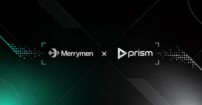 A digital collaboration banner featuring the logos 'Merrymen' and 'prism' separated by an 'x' on a black background with green and white dotted accents.