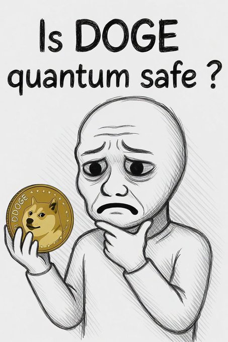 A black-and-white sketch features a concerned-looking bald character holding a golden coin labeled 'DOGE' with a Shiba Inu dog on it, accompanied by the text 'Is DOGE quantum safe?'.