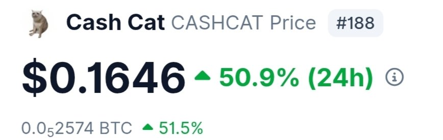 The image shows the price of Cash Cat ($CASHCAT) at $0.1646, up 50.9% in 24 hours, despite negative sentiment. This confirms the accompanying post's claim about $CASHCAT's performance.