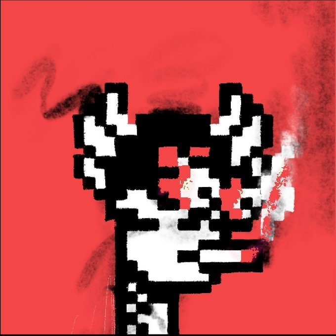 Pixel art style image showing a stylized white and black character face against a red background with black smoky effects.